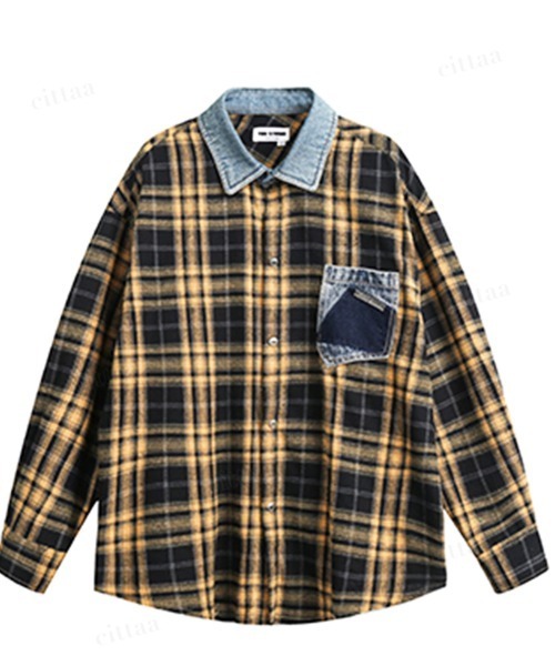 Dalfwin(ダールフィン)の「韓国ファッション デニムドッキングチェック柄シャツ(シャツ/ブラウス・レディース・レッド/イエロー・FREE)」の14枚目の写真