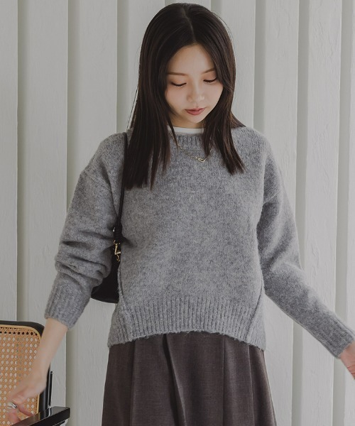 Petitjo(プッチージョ)の「小さいサイズ クルーネックニット 低身長さん・小柄女性(ニット/セーター・レディース・杢グレー/ピンク・M-L/XS-S)」の1枚目の写真