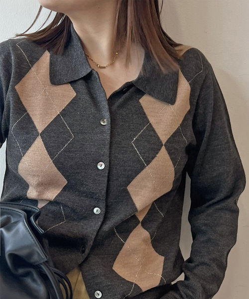 JOURNAL STANDARD(ジャーナルスタンダード)の「【洗える】アーガイル ポロシャツカーディガン(カーディガン/ボレロ・レディース・キャメル/チャコールグレー・FREE)」の5枚目の写真