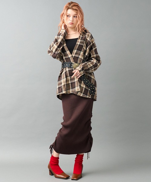 ANAP（アナップ）の「リブニット サイドギャザー ロングスカート（スカート・レディース・ブラウン/ピンク/ブラック/イエロー・F）」の12枚目の写真