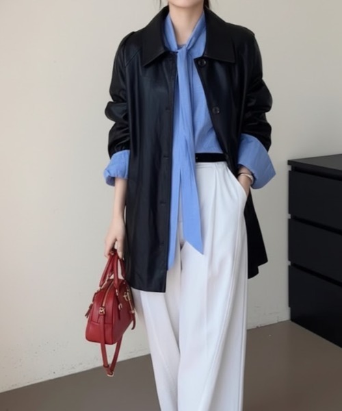 cammie(キャミー)の「リボンベルト付きフェイクレザージャケット(その他アウター・レディース・ブラック/ブラウン・M/L)」の4枚目の写真