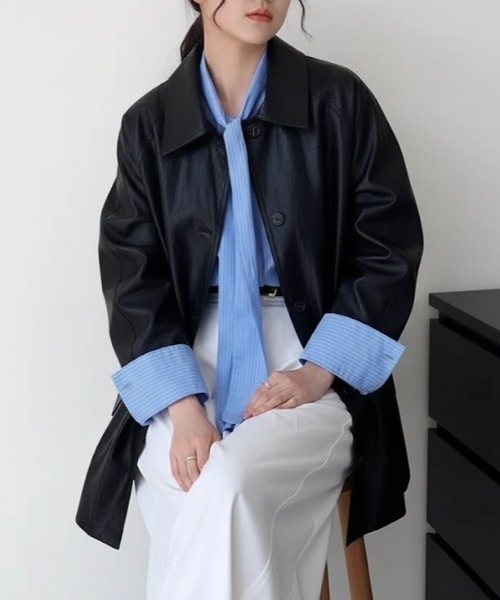 cammie(キャミー)の「リボンベルト付きフェイクレザージャケット(その他アウター・レディース・ブラック/ブラウン・M/L)」の6枚目の写真