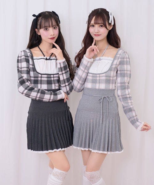 Honey Cinnamon（ハニーシナモン）の「チェックジャガードプリーツニットワンピース（ワンピース・レディース・グレー/チャコールグレー・FREE）」の4枚目の写真