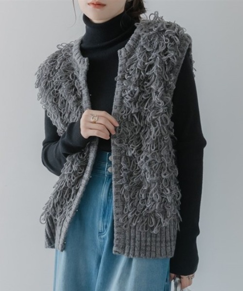 slattgir(スラットジール)の「高身長 フリンジニットベスト(トールサイズ)Essenave(ニット/セーター・レディース・グレー系/ブラック系・TM/TL/TLL/T3L)」の1枚目の写真