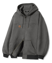 TRILLION（トリリオン）の「Leather Patch Suede Work Hooded Zip-Up_Gray（パーカー）」