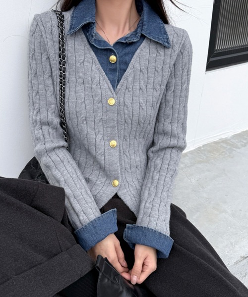 セール】デニムレイヤードケーブルニットトップス（ニット/セーター