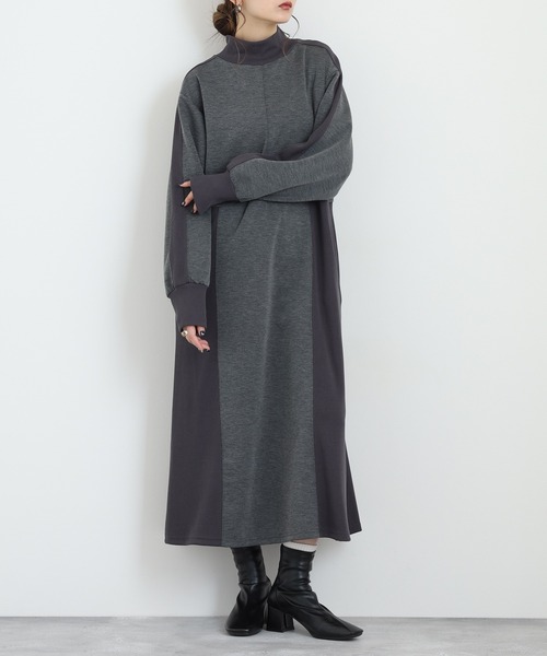 EGLANTINE(エグランティーヌ)の「EGLANTINE ダンボールモックネックワンピース(ワンピース・レディース・ライトベージュ/ブラック/チャコールグレー・38)」の9枚目の写真