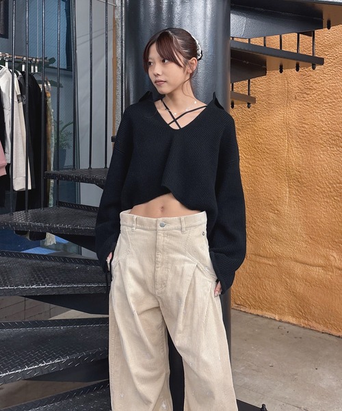 Knuth Marf(クヌースマーフ)の「EX.cashmere slit neck loose short knit(ニット/セーター・レディース・ライトグレー/ブラック/ダークグレー・FREE)」の19枚目の写真