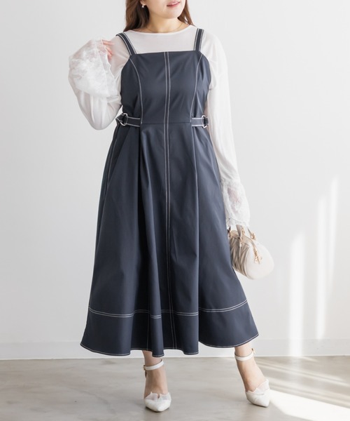 CLETTE(クレット)の「CLETTEオリジナル配色ステッチサイドベルトワンピース(ワンピース・レディース・ワイン/ベージュ/ネイビー・LL/3L/4L)」の1枚目の写真