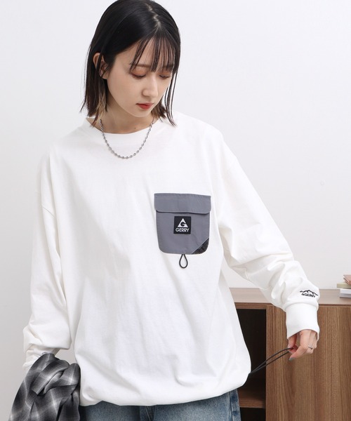 GERRY(ジェリー)の「【GERRY/ジェリー】ナイロンポケット付 ロングスリーブTシャツ(Tシャツ/カットソー・メンズ・ブラック/ホワイト/アッシュグレー・LL/M/L)」の2枚目の写真