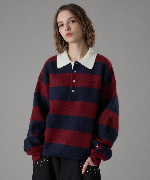 オンシェリー　ONCILY クラシックボーダーニットポロ　ネイビー　Lサイズ CLASSIC BORDER KNIT POLO / クラシックボーダーニットポロ（ニット