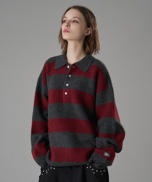 ONCILY（オンシェリー）の「CLASSIC BORDER KNIT POLO / クラシックボーダーニットポロ（ニット/セーター・メンズ・ネイビー/レッド/チャコールグレー・SMALL/MEDIUM/LARGE）」の2枚目の写真