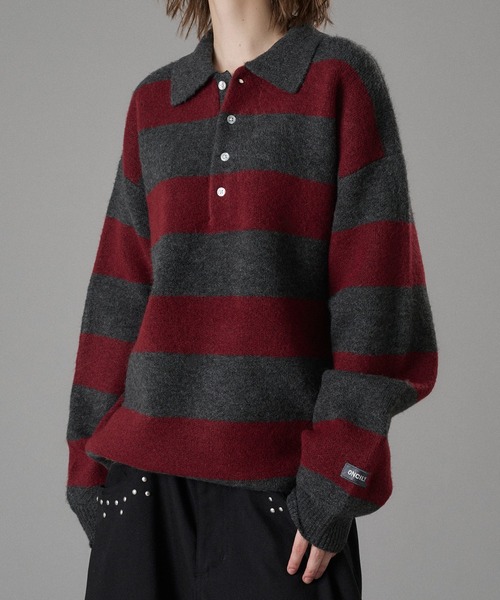 ONCILY（オンシェリー）の「CLASSIC BORDER KNIT POLO / クラシックボーダーニットポロ（ニット/セーター・メンズ・ネイビー/レッド/チャコールグレー・SMALL/MEDIUM/LARGE）」の7枚目の写真
