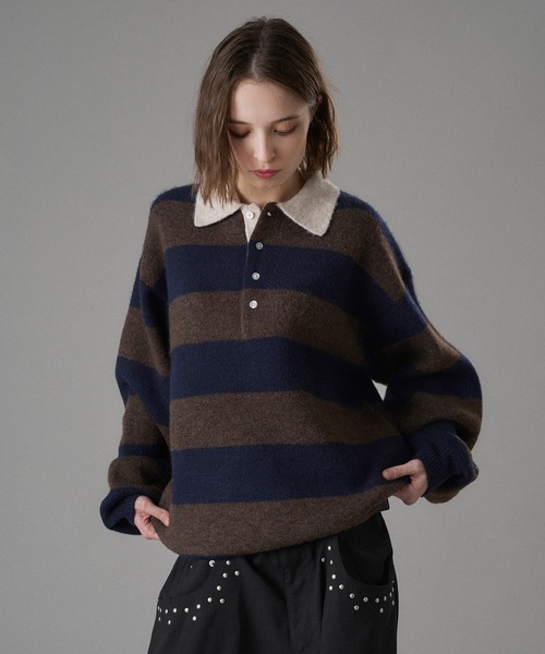 ONCILY（オンシェリー）の「CLASSIC BORDER KNIT POLO / クラシックボーダーニットポロ（ニット/セーター・メンズ・ネイビー/レッド/チャコールグレー・SMALL/MEDIUM/LARGE）」の17枚目の写真