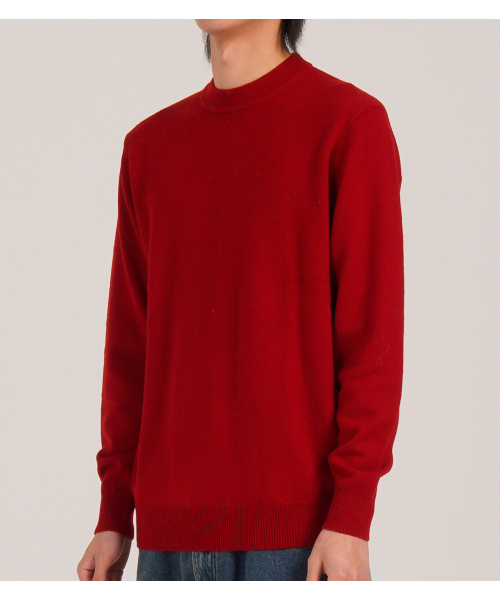 セール】[ウール90] ミニマルクルーネックデイリーニット (レッド