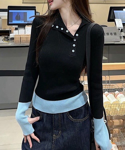 SEN TOKYO(セントーキョー)の「フィンガーホール付き 配色ヘンリーネックリブニット(ニット/セーター・レディース・ブラック/アイボリー・FREE)」の3枚目の写真