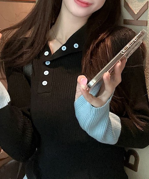 SEN TOKYO(セントーキョー)の「フィンガーホール付き 配色ヘンリーネックリブニット(ニット/セーター・レディース・ブラック/アイボリー・FREE)」の6枚目の写真