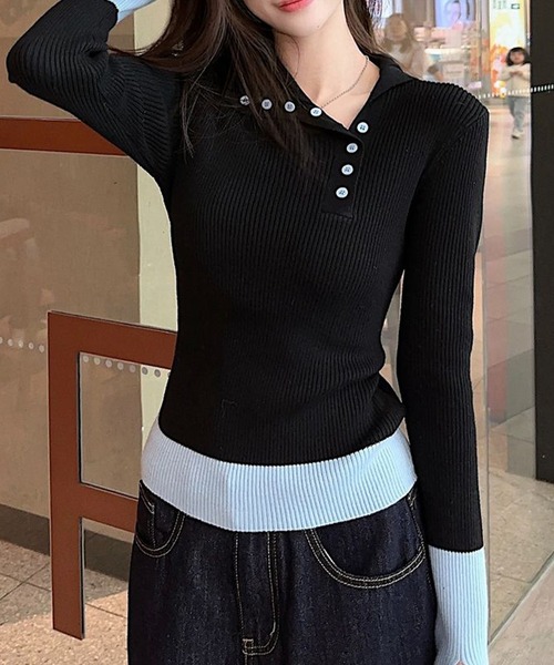 SEN TOKYO(セントーキョー)の「フィンガーホール付き 配色ヘンリーネックリブニット(ニット/セーター・レディース・ブラック/アイボリー・FREE)」の8枚目の写真