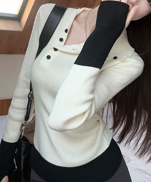 SEN TOKYO(セントーキョー)の「フィンガーホール付き 配色ヘンリーネックリブニット(ニット/セーター・レディース・ブラック/アイボリー・FREE)」の11枚目の写真