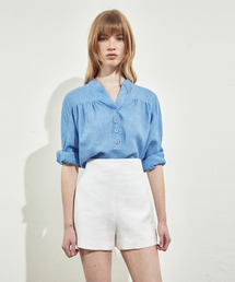OPEN COLLAR BUTTON LINEN BLOUSE_LIGHT BLUE