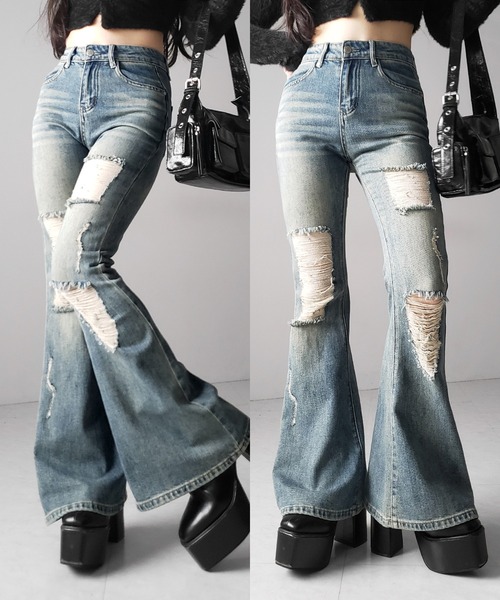 me+em select(ミームセレクト)の「【 2color /3size 】クラッシュダメージヴィンテージフレアデニム / crush damage vintage flare denim(デニムパンツ・レディース・ブラック/ブルー・SMALL/MEDIUM/LARGE)」の1枚目の写真