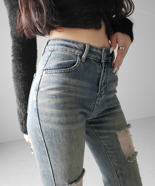 me+em select(ミームセレクト)の「【 2color /3size 】クラッシュダメージヴィンテージフレアデニム / crush damage vintage flare denim(デニムパンツ・レディース・ブラック/ブルー・SMALL/MEDIUM/LARGE)」の10枚目の写真