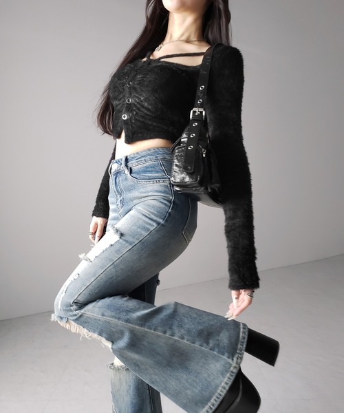 me+em select(ミームセレクト)の「【 2color /3size 】クラッシュダメージヴィンテージフレアデニム / crush damage vintage flare denim(デニムパンツ・レディース・ブラック/ブルー・SMALL/MEDIUM/LARGE)」の17枚目の写真