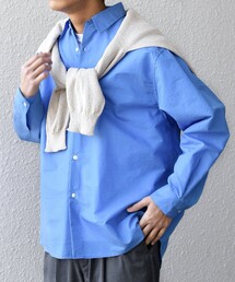 SHIPS any: JAPAN MADE ブルー ストライプ/ソリッド レギュラーカラー シャツ◇