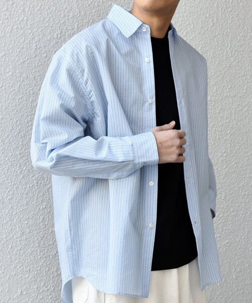 SHIPS any: JAPAN MADE ブルー ストライプ/ソリッド レギュラーカラー