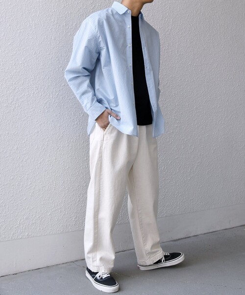 SHIPS any: JAPAN MADE ブルー ストライプ/ソリッド レギュラーカラー