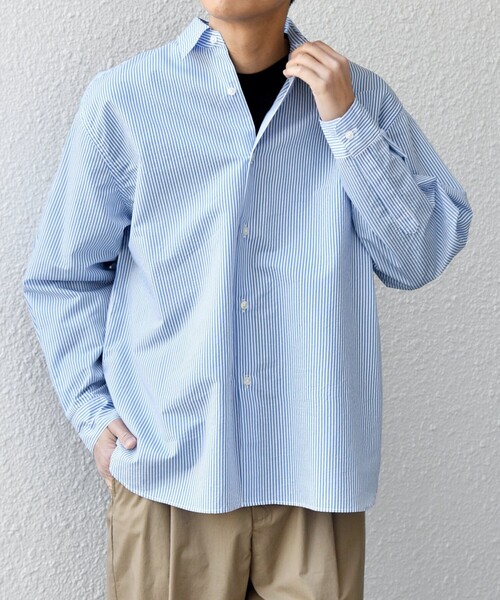 SHIPS any: JAPAN MADE ブルー ストライプ/ソリッド レギュラーカラー