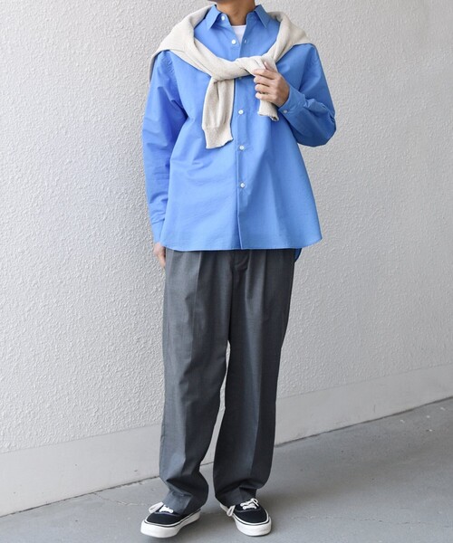 SHIPS any: JAPAN MADE ブルー ストライプ/ソリッド レギュラーカラー