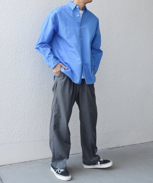 SHIPS any: JAPAN MADE ブルー ストライプ/ソリッド レギュラーカラー