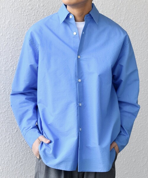 SHIPS any: JAPAN MADE ブルー ストライプ/ソリッド レギュラーカラー