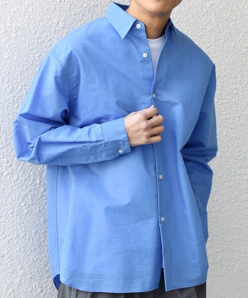 SHIPS any: JAPAN MADE ブルー ストライプ/ソリッド レギュラーカラー