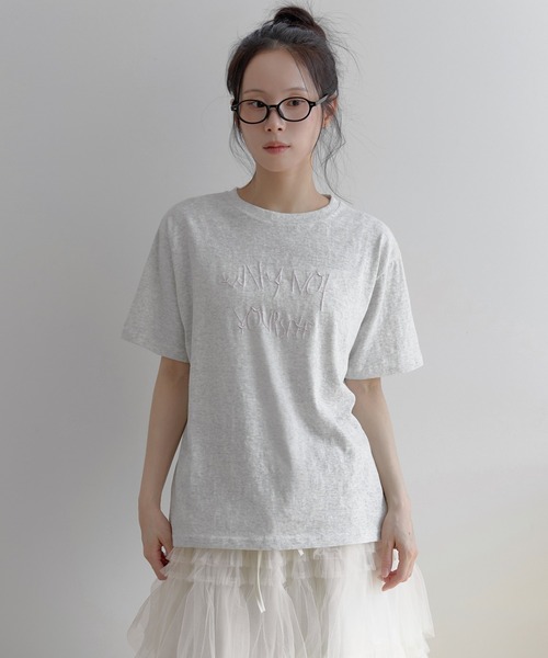UNE MANSION(ユヌマンション)の「ポイントバイカラー刺繍オーバーサイズ半袖Tシャツカットソー(Tシャツ/カットソー・レディース・ネイビー/ピンク/グレー・FREE)」の2枚目の写真