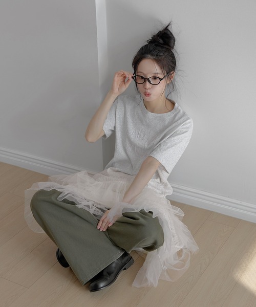 UNE MANSION(ユヌマンション)の「ポイントバイカラー刺繍オーバーサイズ半袖Tシャツカットソー(Tシャツ/カットソー・レディース・ネイビー/ピンク/グレー・FREE)」の7枚目の写真
