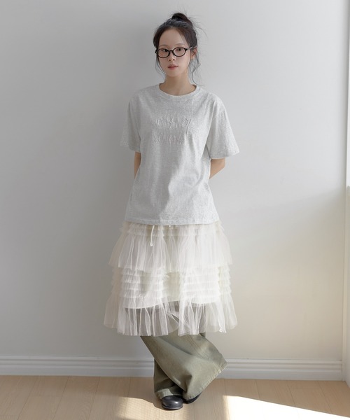 UNE MANSION(ユヌマンション)の「ポイントバイカラー刺繍オーバーサイズ半袖Tシャツカットソー(Tシャツ/カットソー・レディース・ネイビー/ピンク/グレー・FREE)」の8枚目の写真