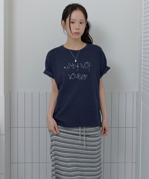 UNE MANSION(ユヌマンション)の「ポイントバイカラー刺繍オーバーサイズ半袖Tシャツカットソー(Tシャツ/カットソー・レディース・ネイビー/ピンク/グレー・FREE)」の11枚目の写真