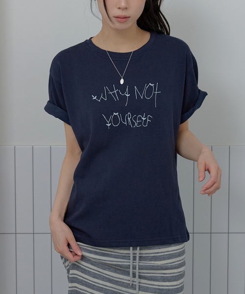 UNE MANSION(ユヌマンション)の「ポイントバイカラー刺繍オーバーサイズ半袖Tシャツカットソー(Tシャツ/カットソー・レディース・ネイビー/ピンク/グレー・FREE)」の10枚目の写真