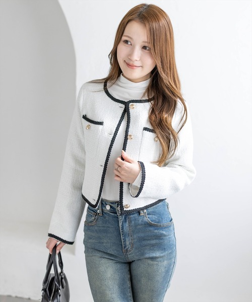 CLEAR BASIC（クリアベーシック）の「配色パイピングツイードジャケット［大人 フェミニン 上品］≪新作≫（ノーカラージャケット・レディース・アイボリー/ブラック・F）」の2枚目の写真