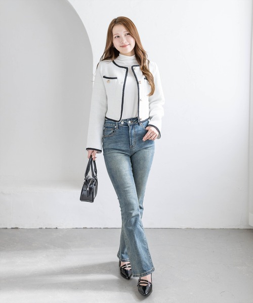 CLEAR BASIC（クリアベーシック）の「配色パイピングツイードジャケット［大人 フェミニン 上品］≪新作≫（ノーカラージャケット・レディース・アイボリー/ブラック・F）」の6枚目の写真