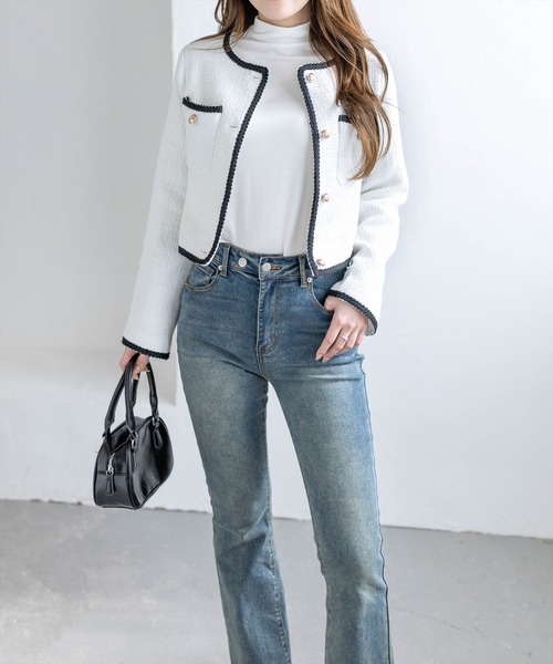 CLEAR BASIC（クリアベーシック）の「配色パイピングツイードジャケット［大人 フェミニン 上品］≪新作≫（ノーカラージャケット・レディース・アイボリー/ブラック・F）」の5枚目の写真