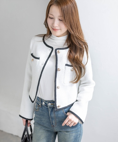 CLEAR BASIC（クリアベーシック）の「配色パイピングツイードジャケット［大人 フェミニン 上品］≪新作≫（ノーカラージャケット・レディース・アイボリー/ブラック・F）」の3枚目の写真