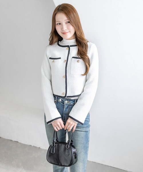 CLEAR BASIC（クリアベーシック）の「配色パイピングツイードジャケット［大人 フェミニン 上品］≪新作≫（ノーカラージャケット・レディース・アイボリー/ブラック・F）」の9枚目の写真