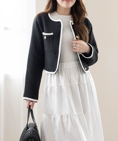 CLEAR BASIC（クリアベーシック）の「配色パイピングツイードジャケット［大人 フェミニン 上品］≪新作≫（ノーカラージャケット・レディース・アイボリー/ブラック・F）」の10枚目の写真