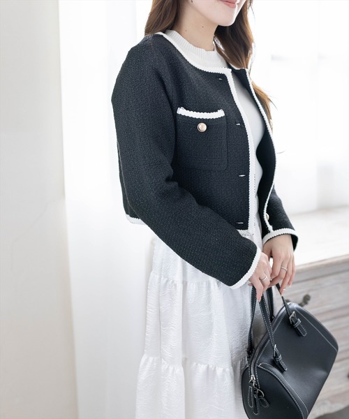 CLEAR BASIC（クリアベーシック）の「配色パイピングツイードジャケット［大人 フェミニン 上品］≪新作≫（ノーカラージャケット・レディース・アイボリー/ブラック・F）」の11枚目の写真