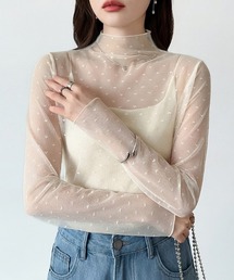 COCOMOMO（ココモモ）の「一枚でも重ねても甘すぎない ハート柄シアートップス ハイネック ハートドット シアー トップス 長袖 レイヤード シースルー ハート インナー 春服 夏服 秋服（Tシャツ/カットソー）」