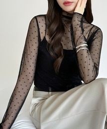 COCOMOMO（ココモモ）の「一枚でも重ねても甘すぎない ハート柄シアートップス ハイネック ハートドット シアー トップス 長袖 レイヤード シースルー インナー（Tシャツ/カットソー）」