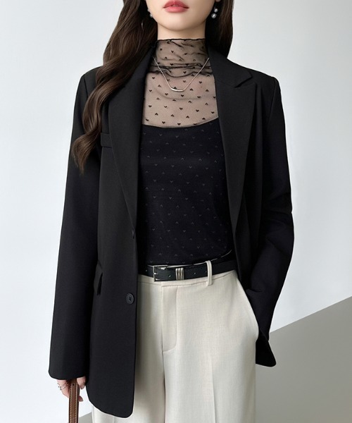 COCOMOMO(ココモモ)の「一枚でも重ねても甘すぎない ハート柄シアートップス ハイネック ハートドット シアートップス 長袖 ハート レイヤード インナー シアー トップス レイヤードトップス 冷房対策 日焼け対策 UV対策 春服 夏服 秋服 冬服(Tシャツ/カットソー・レディース・アイボリー/ブラック・FREE)」の6枚目の写真